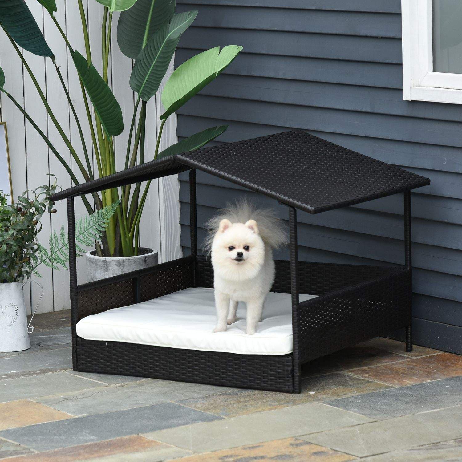 Husformet hundehus i rattan med pude, kaffebrun view 2