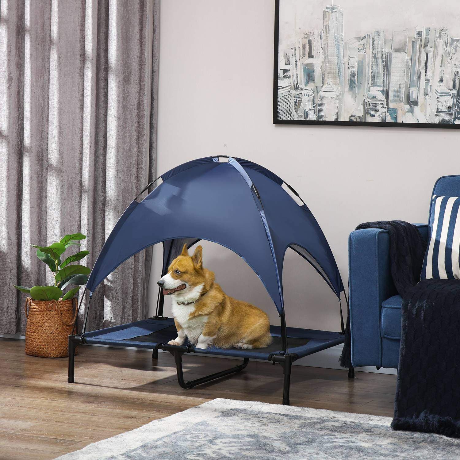 Højhundeseng med baldakin mørkeblå view 2
