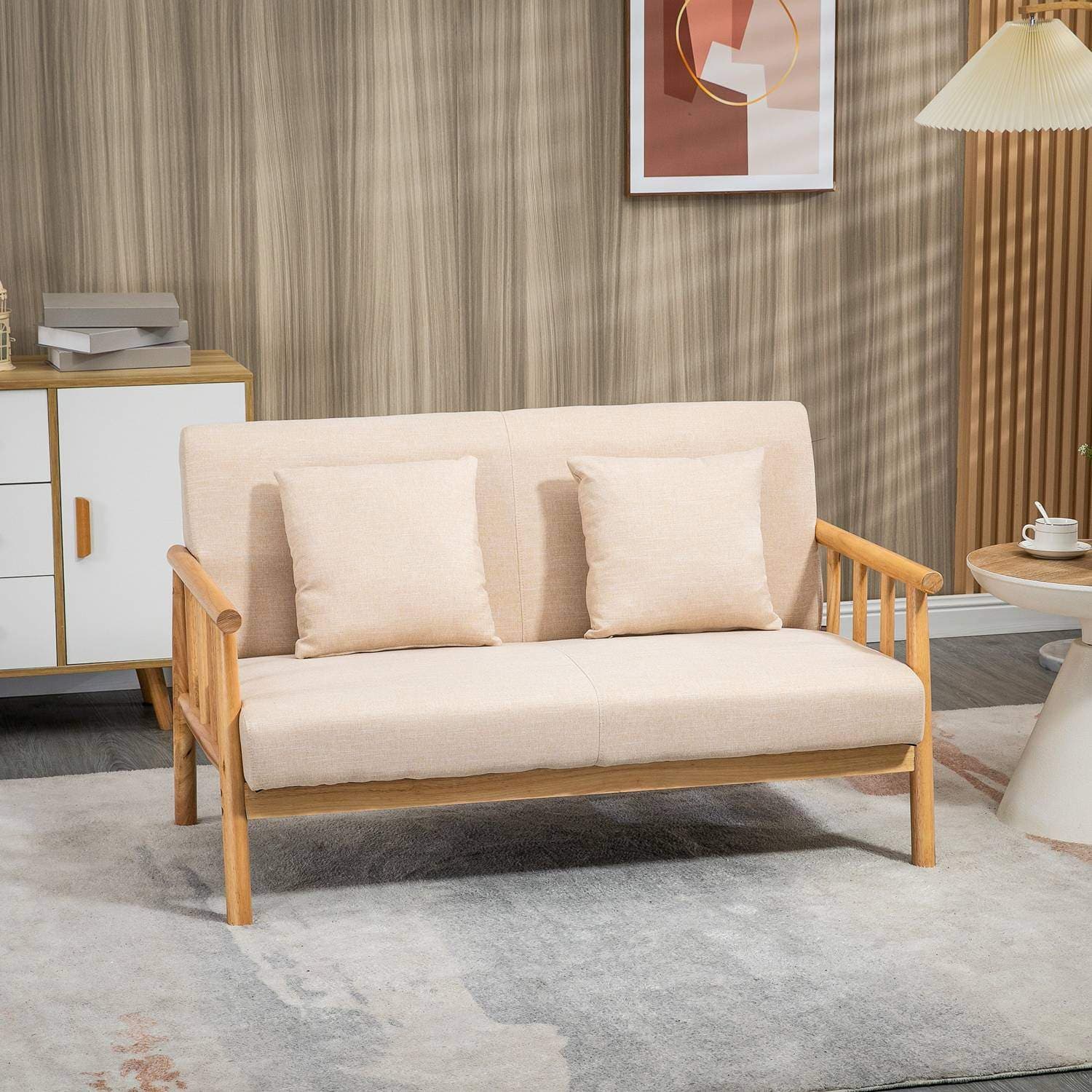 Beige 2-personers sofa med lændepuder i hørlook view 2