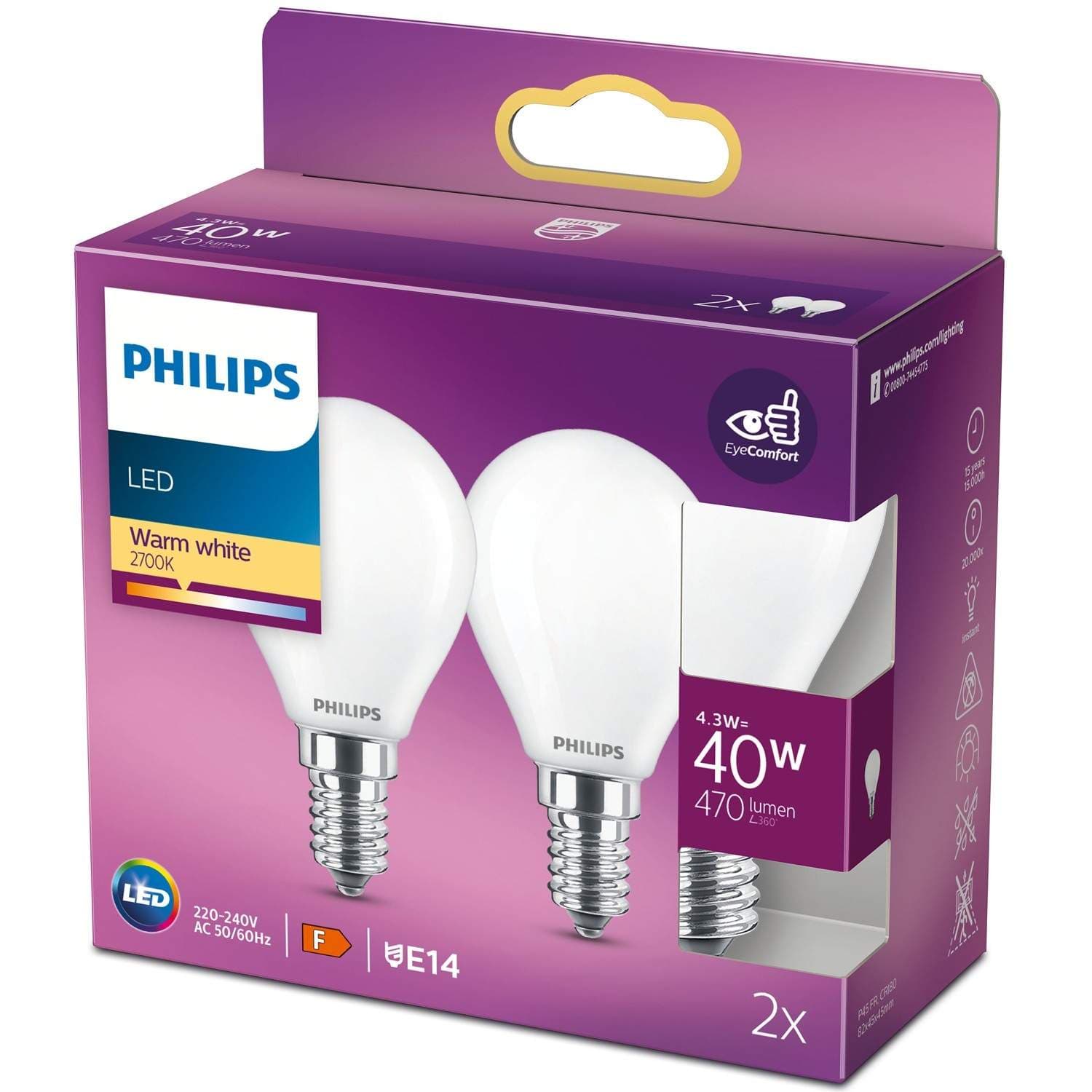 2-pak LED E14 Globe 4,3W (40W) Frost 470lm