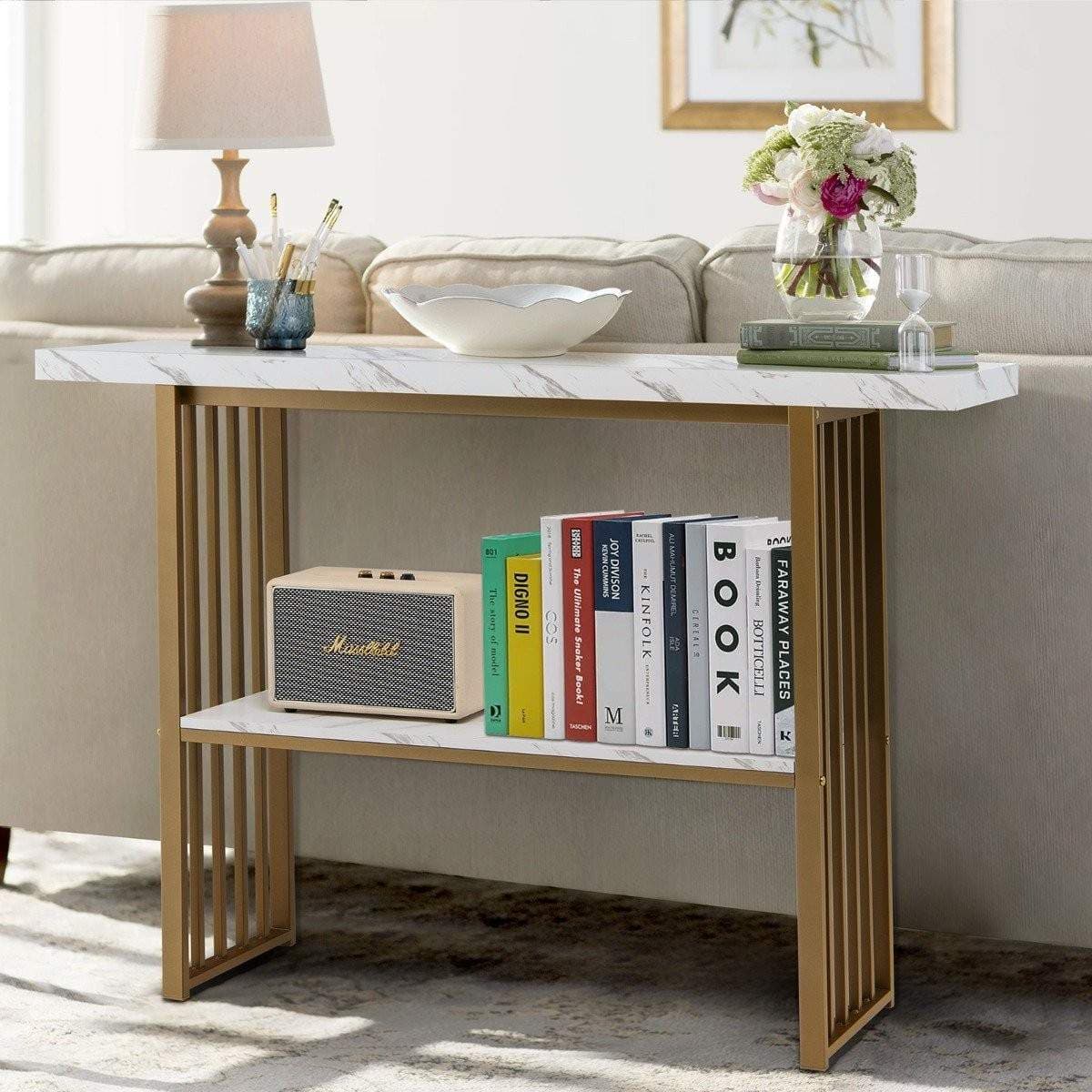2 etagers konsolbord med marmorlook 120 x 29,5 x 92,5 cm hvid & guld view 2