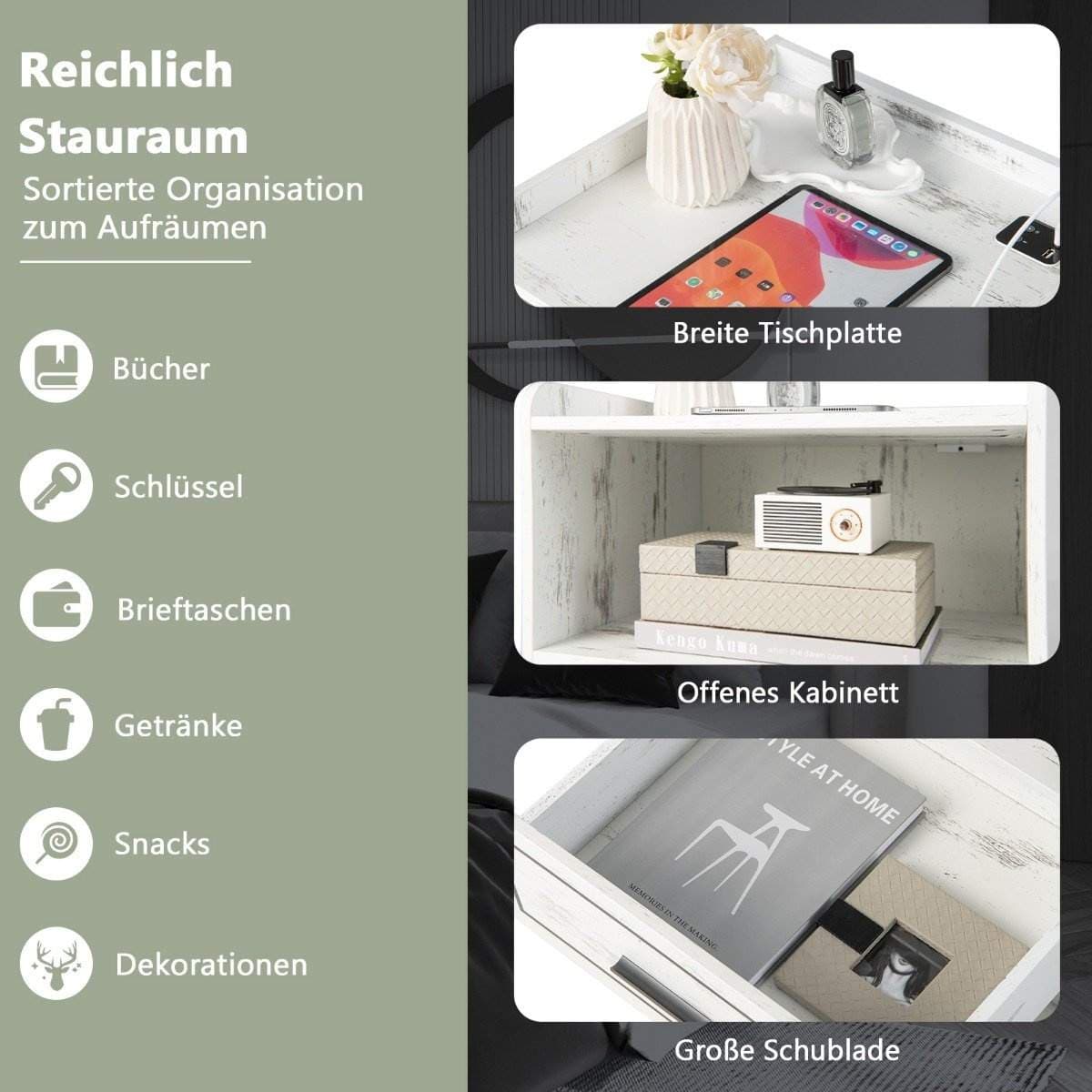 LED sengebord Intelligent natbord med 2 USB-porte Hvid