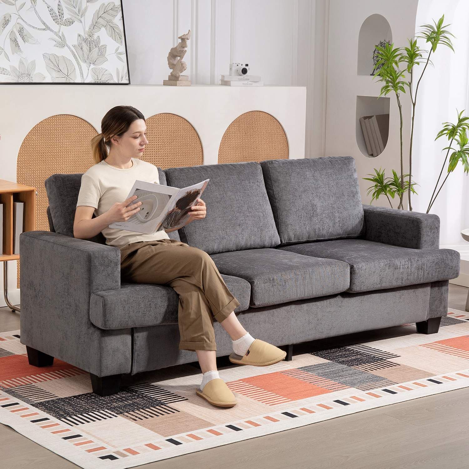 3-personers sofa, gråt chenillestof, stålstel view 2