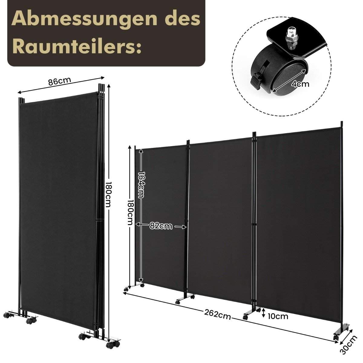 Mobil rumdeler – 3 paneler, sort, 180 cm, låsehjul view 2