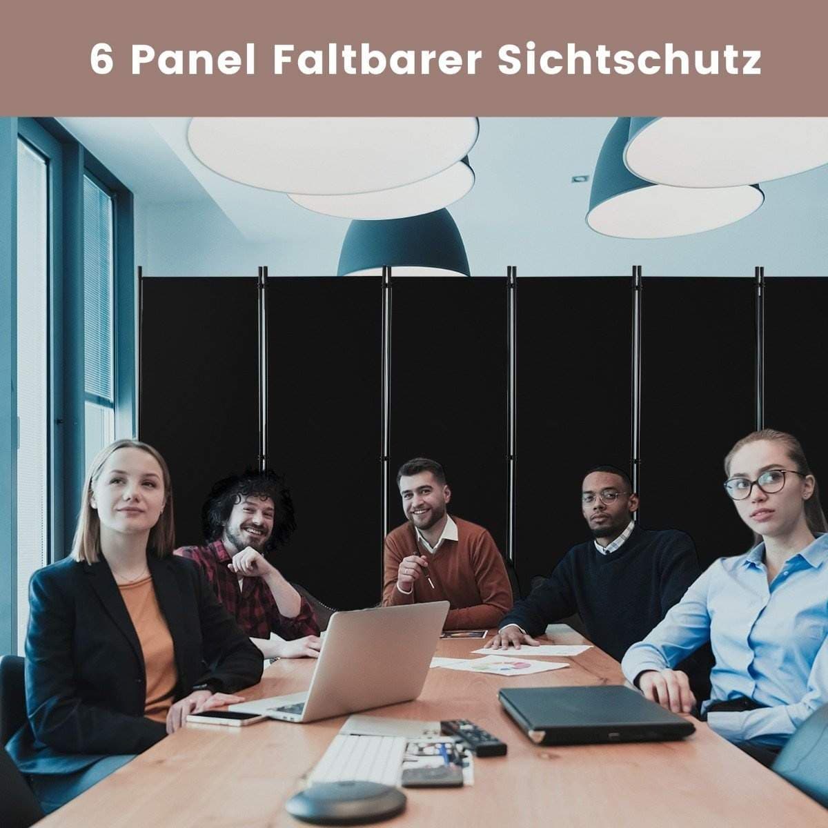 6-panels sammenklappelig rumdeler med låsbare hjul – sort