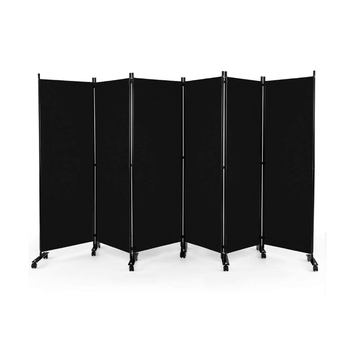 6-panels sammenklappelig rumdeler med låsbare hjul – sort view 2