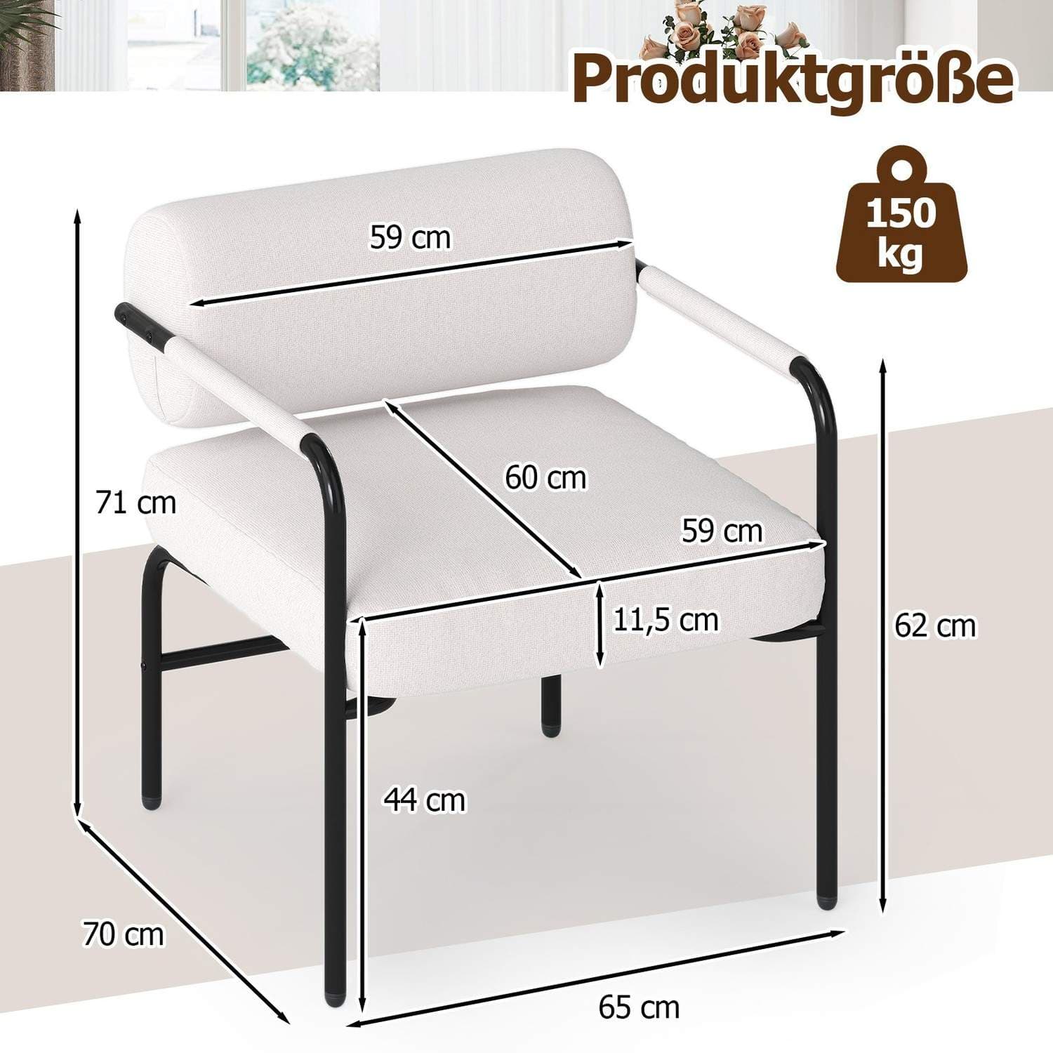 Hvid moderne loungestol – fløjl, armlæn, metalstel view 2