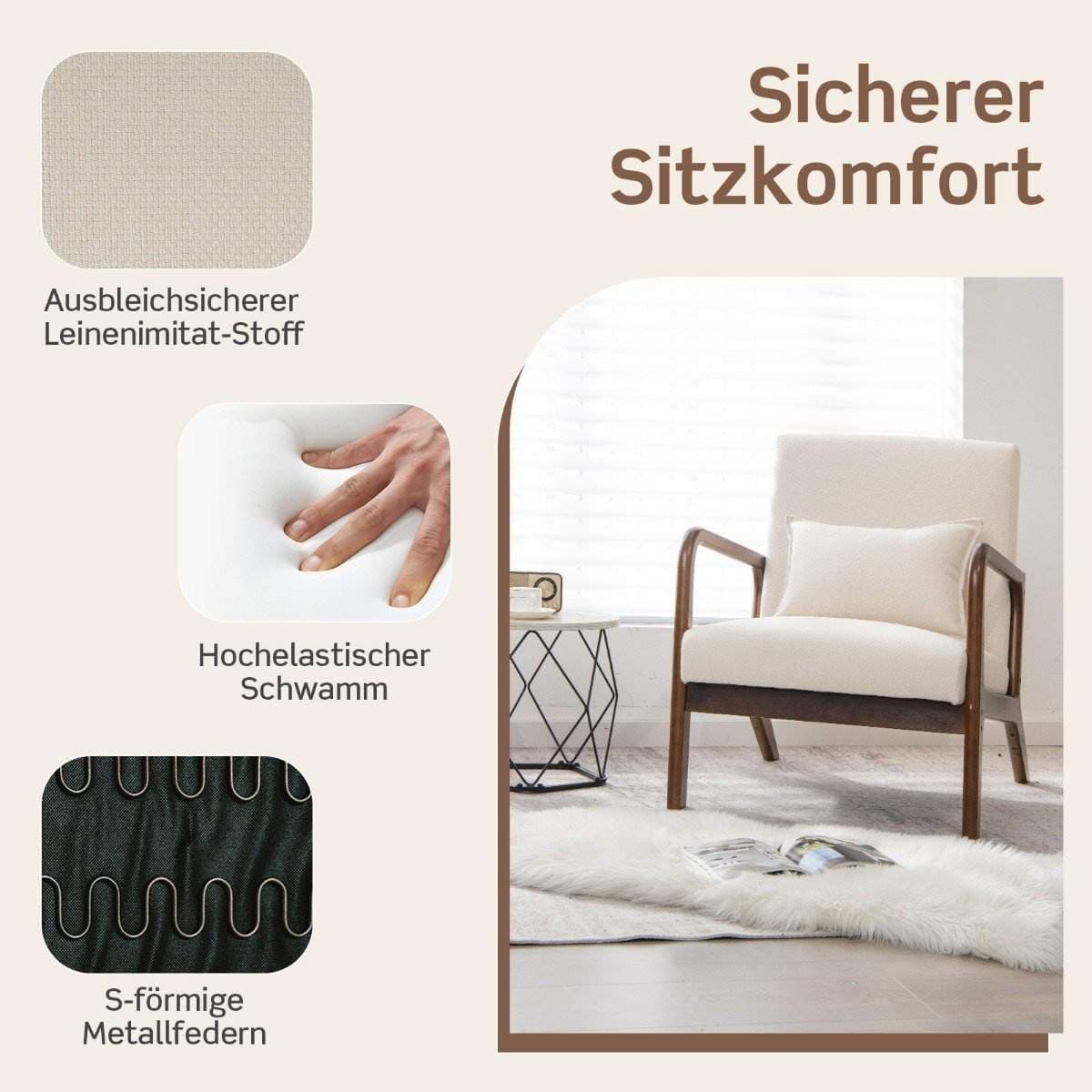 Beige Lounge Chair – Ergonomisk, polstret, træramme