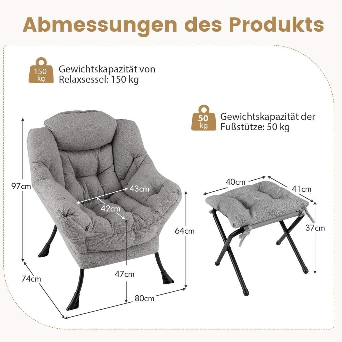 Grå loungestol med osmannisk – behagelig sherpa og sidelomme view 2