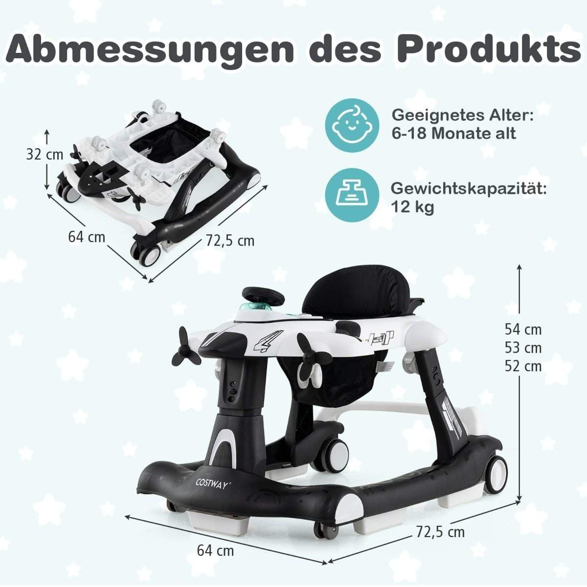 Baby Walker 6-i-1, justerbar højde og hastighed, foldbar view 2