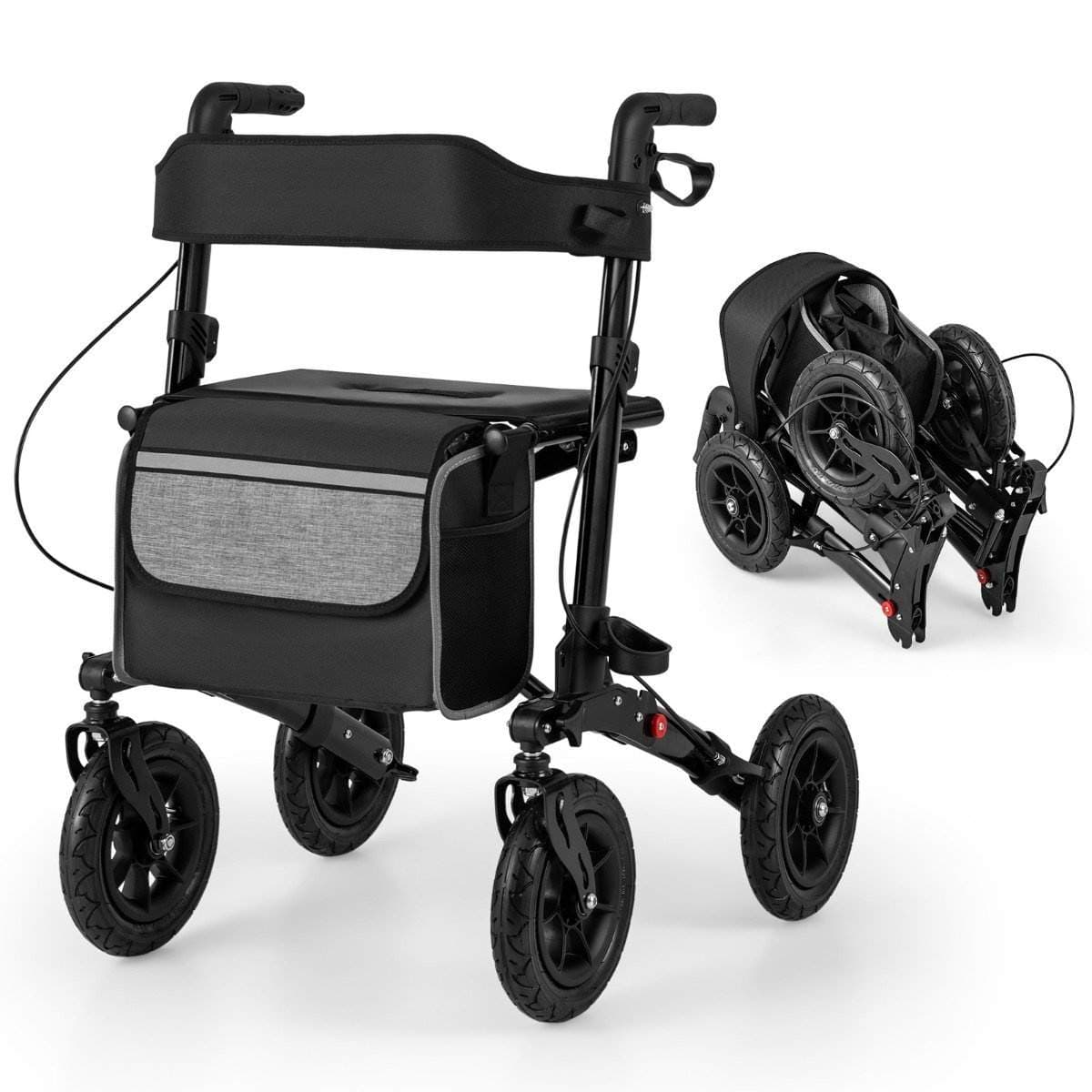 Sammenfoldelig letvægtsrollator med luftdæk og sæde – op til 140 kg