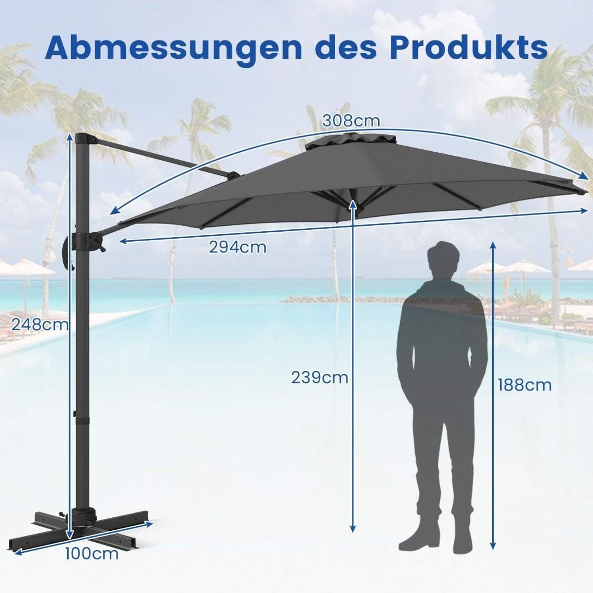 Udendørs parasol, 360° roterende, justerbar hældning, grå
