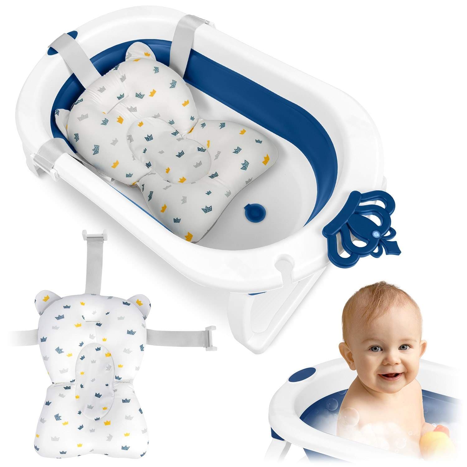 Sammenfoldelig babybadekar med indsats – Hvid & Blå
