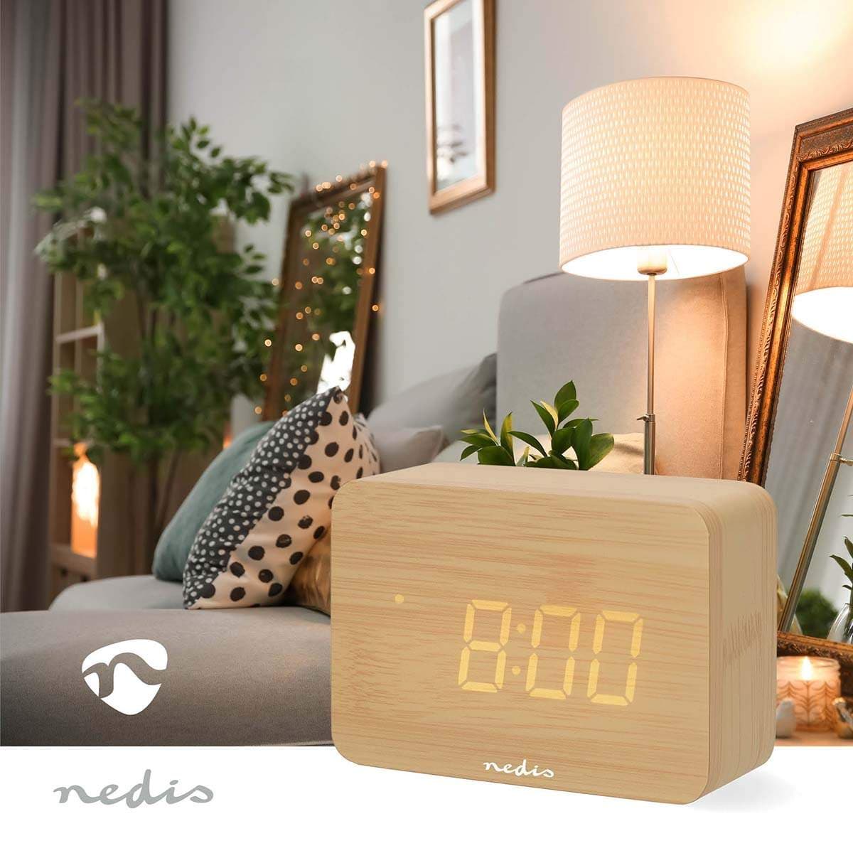 LED digitalt skrivebordsvækkeur, træ, snooze- og temperaturvisning view 2