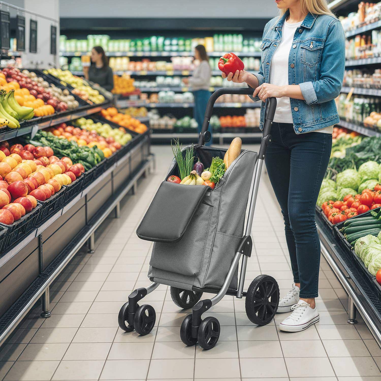 Sammenklappelig indkøbsvogn, 46L taske, kølerum, grå view 2