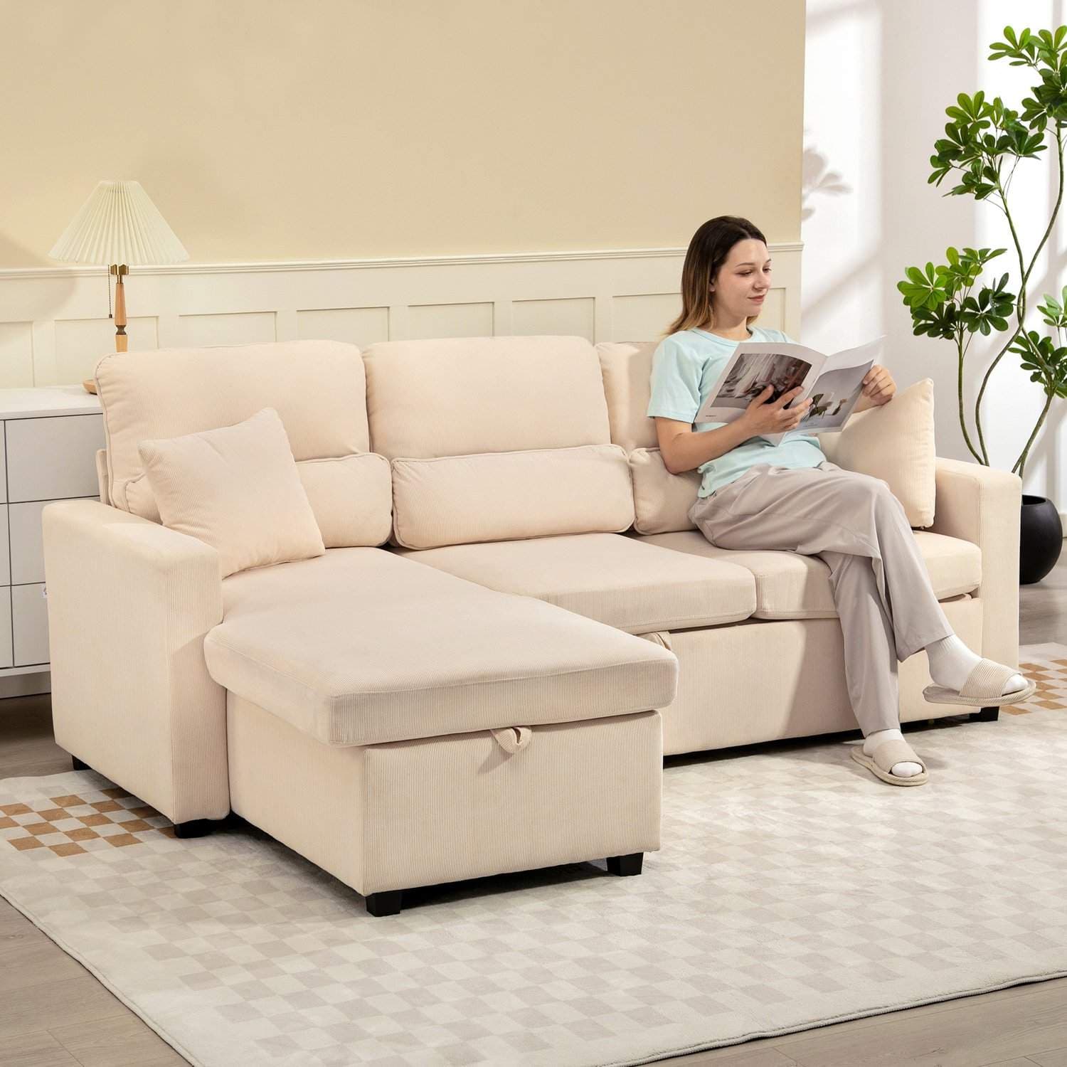 Justerbar L-formet sovesofa med opbevaring, beige view 2