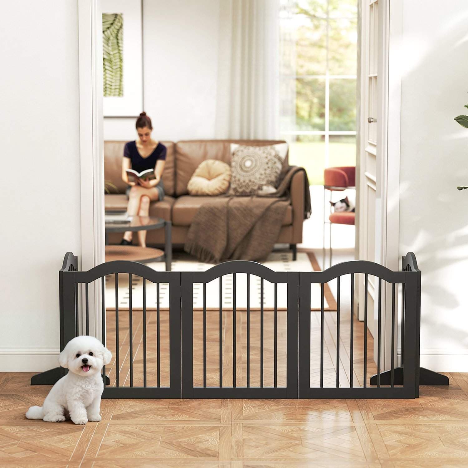 Fritstående hundegitter, foldbart, 5 paneler, sort view 2