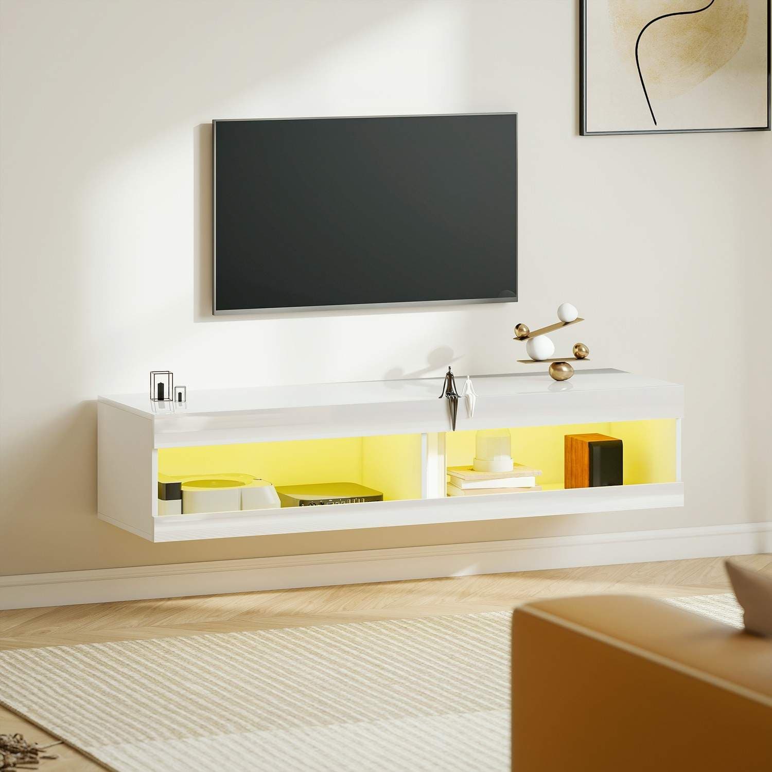 Svævende TV-bord med RGB LED, 55-60 tommer, blank hvid view 2
