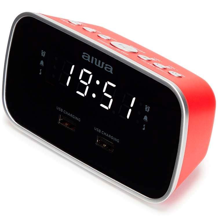 Vækkeur med dobbelt alarm og USB-opladning - Rød