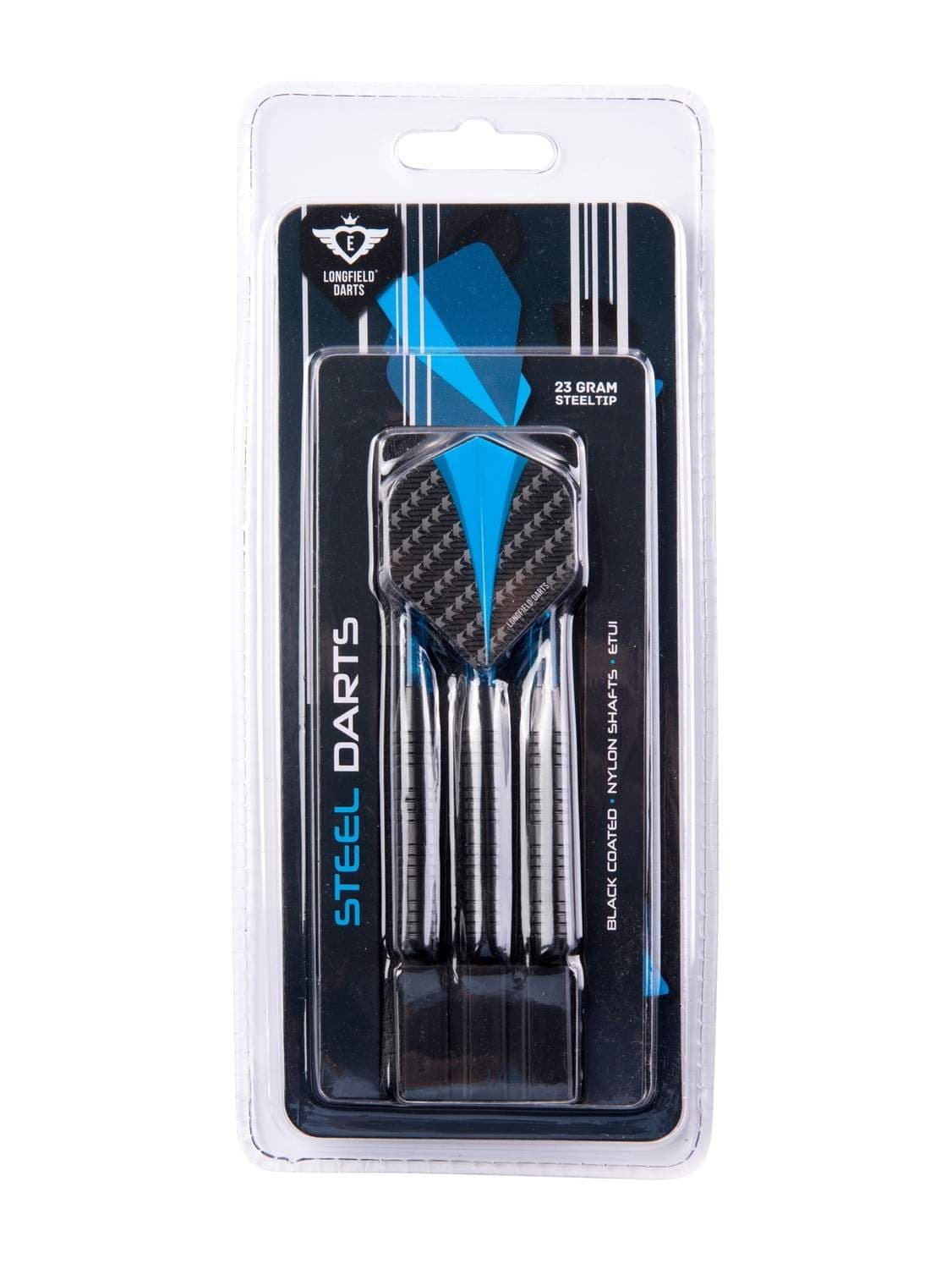 Steeltip Darts 23g, sort løb, blå skafter og flights view 2