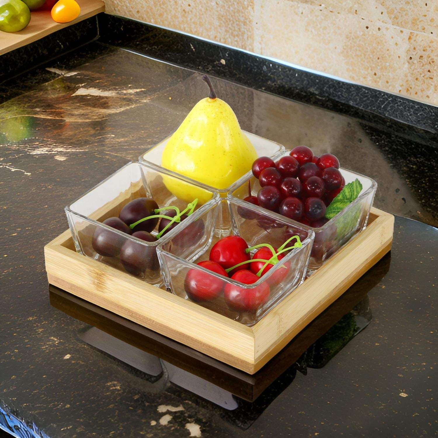 Bambus Glas Snack Bowl Sæt – Serveringsbakke med 5 dele view 2