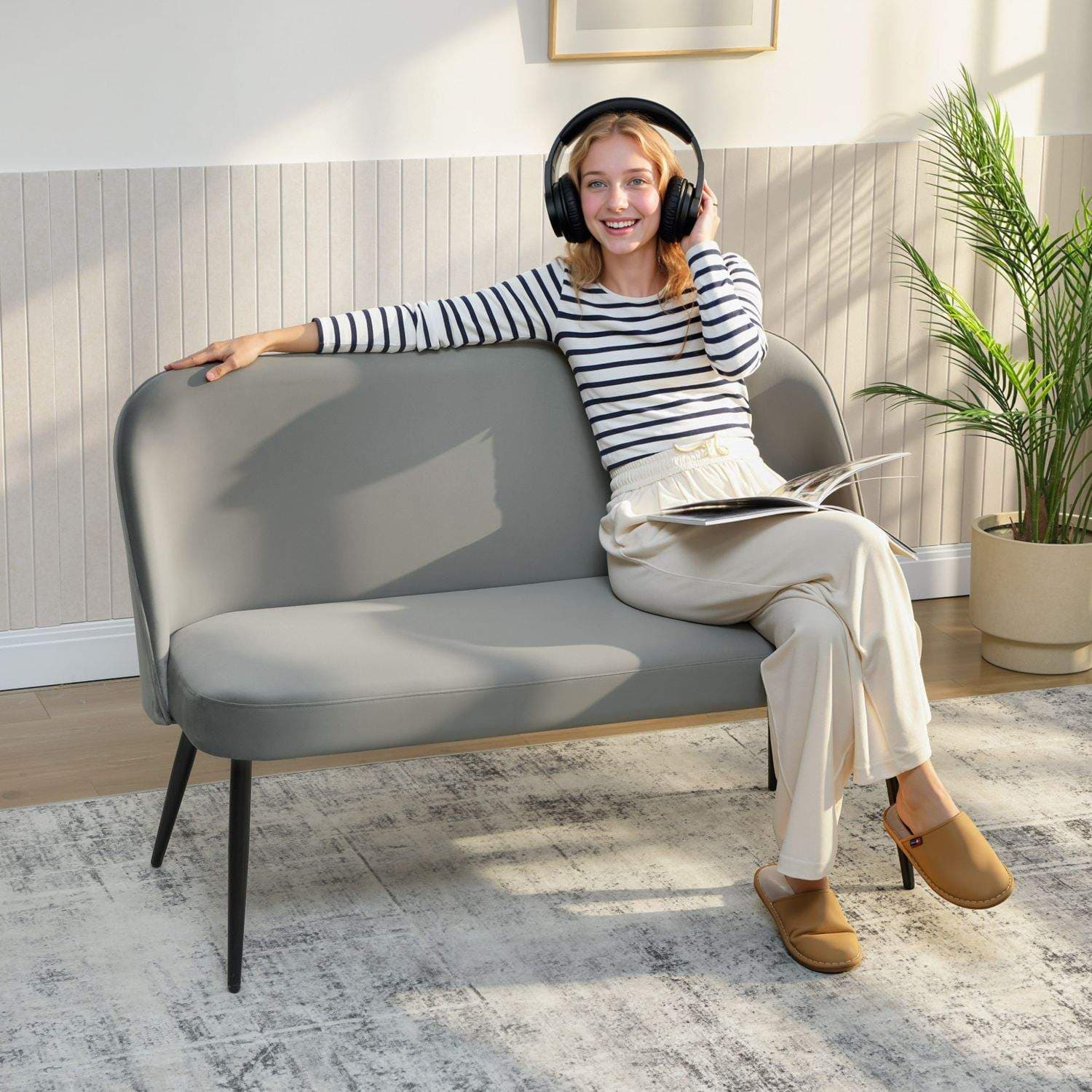 2-personers sofa, fløjlsstof, metal- og træstel, grå view 2