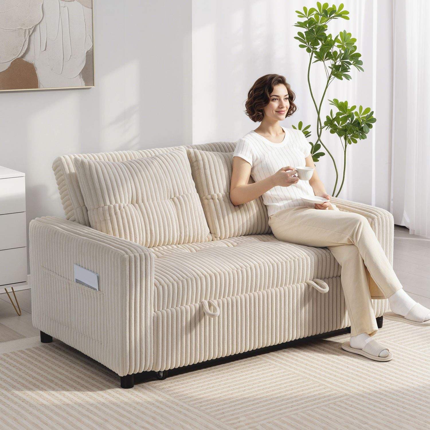 Sovesofa med 2 siddepladser, fløjlsstof, cremehvid view 2