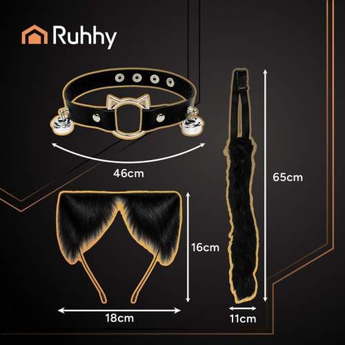 Sort 3-delt kat/ræv kostumesæt – hale, ører, halskæde view 2