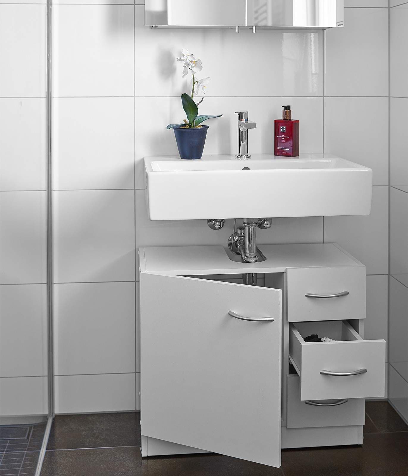Hvidt badeværelsesskab – 3 skuffer, stor opbevaringsplads view 2