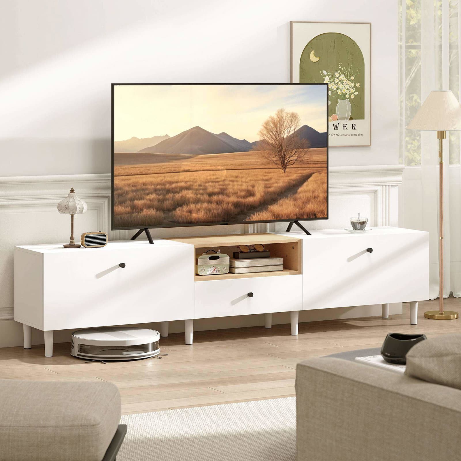 TV-bord til 90-tommer TV, 200 cm, hvid, opbevaringshylder view 2