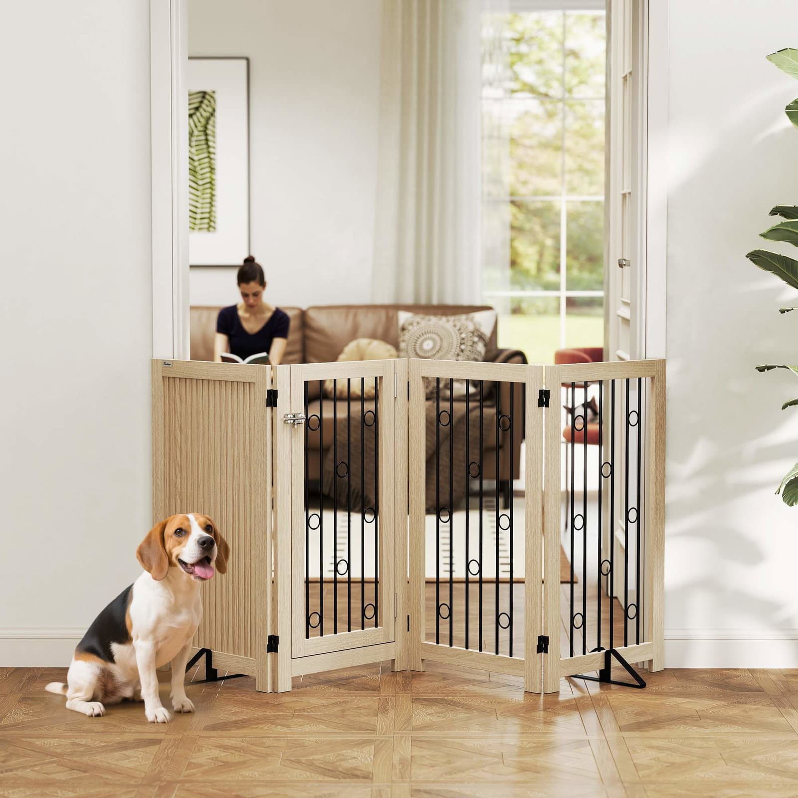 Fritstående kæledyrslåge med dør – 4 paneler, MDF og stål view 2