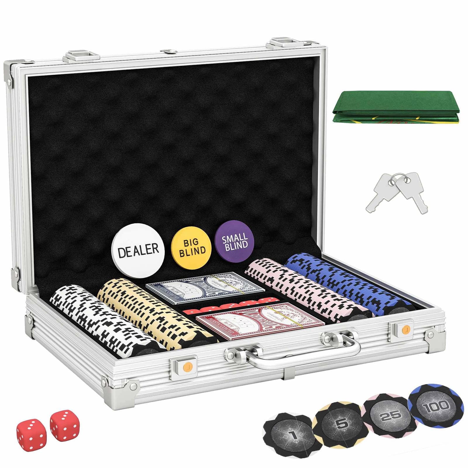 Pokerchipsæt med etui – 200 chips, terninger, kort