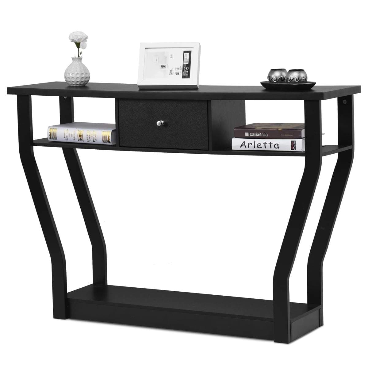 Sort konsolbord med skuffe og hylder – 120 x 30 x 81 cm