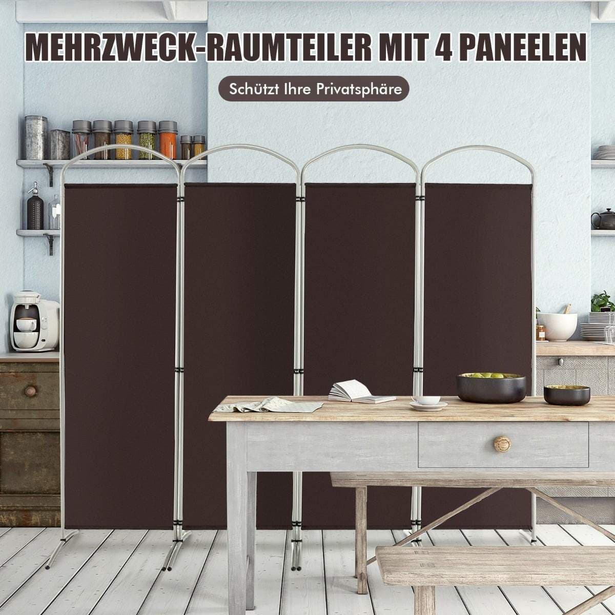 Sammenklappelig rumdeler, 4 paneler – brun, 221 x 188 cm