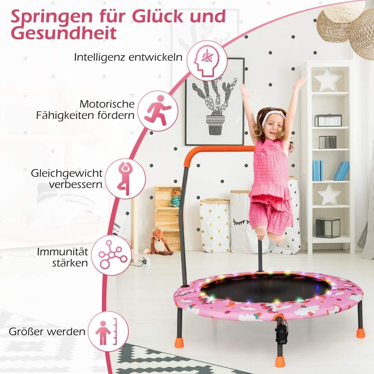 Mini-trampolin til børn med LED-lys og aftageligt håndtag