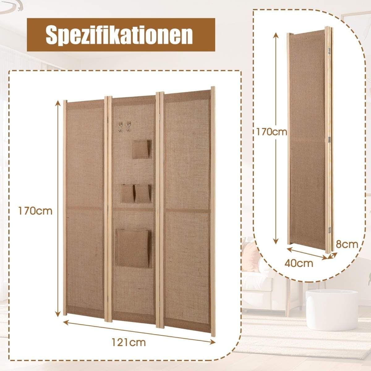 Rumdeler med opbevaringslommer og kroge – Imiteret linned, 170x121 cm view 2