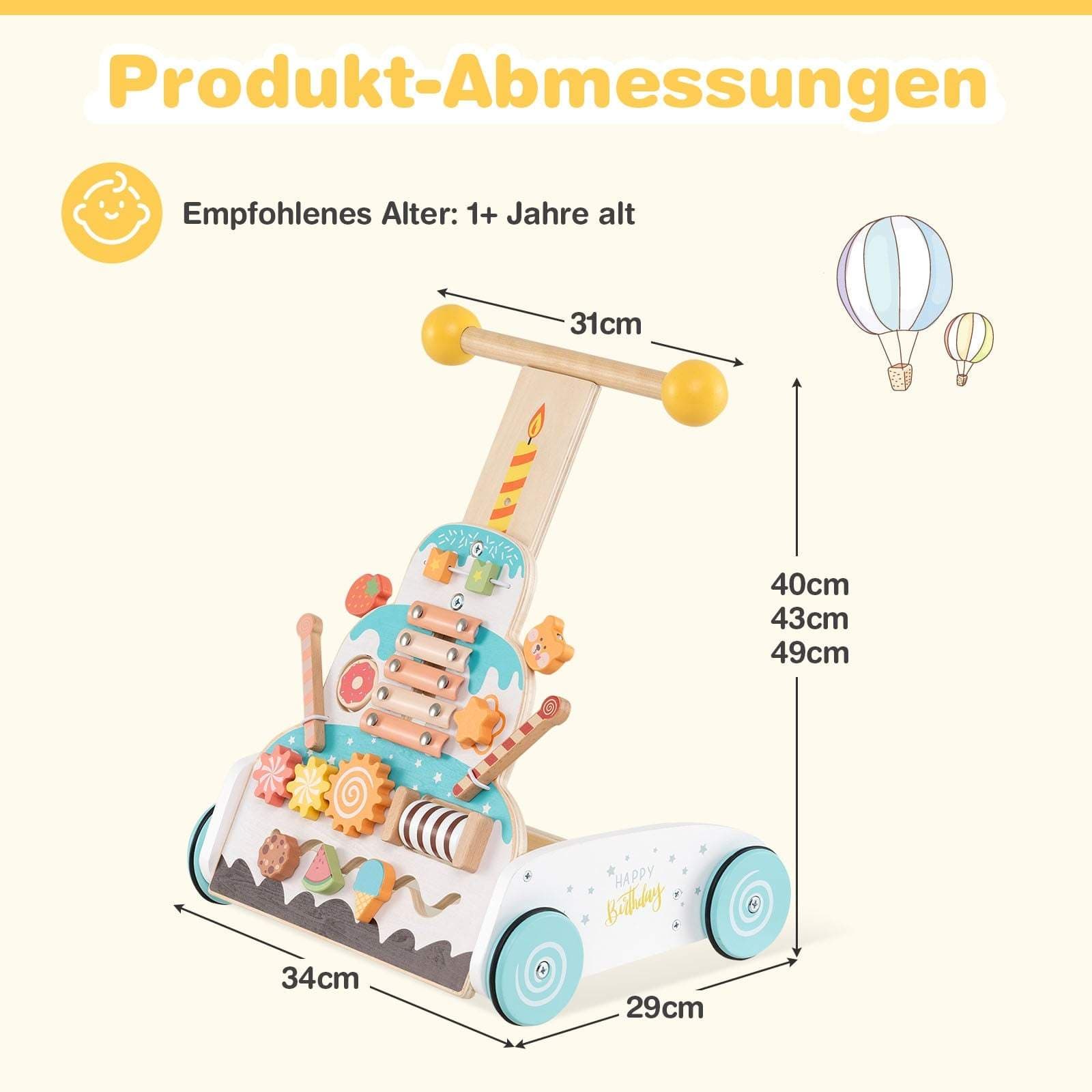 Justerbar gåstol med aktivitetscenter – Træ, sjovt design view 2