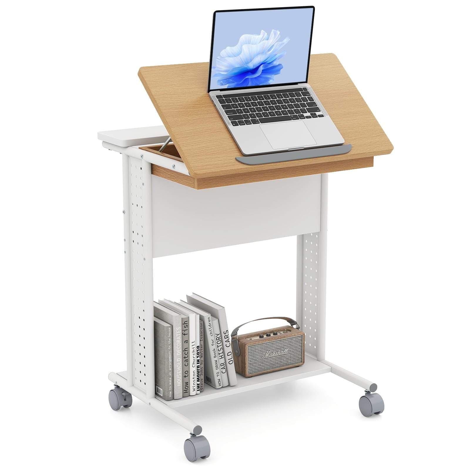 Mobilt laptopbord med vippefunktion og opbevaringshylder