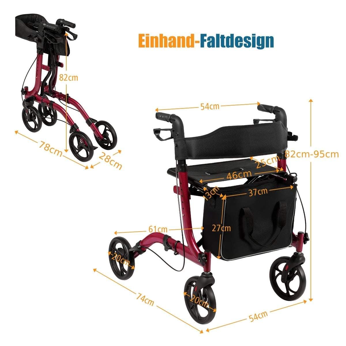 Letvægts foldbar rollator, justerbar højde, rød view 2