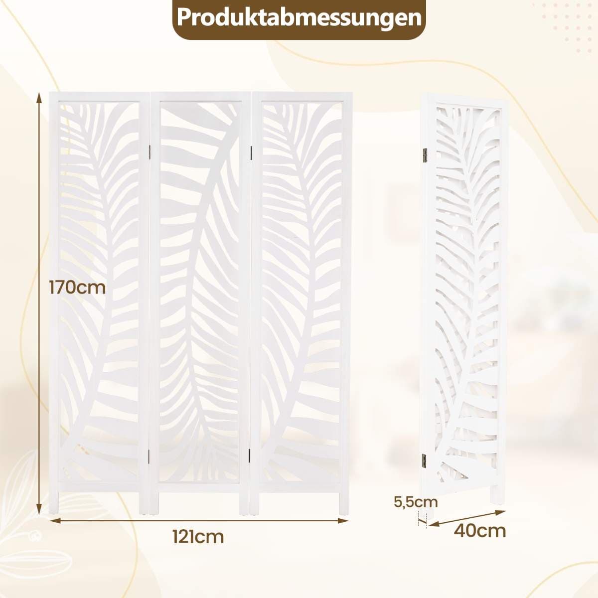 3-panels rumdeler, ramme i naturtræ, bladdesign view 2
