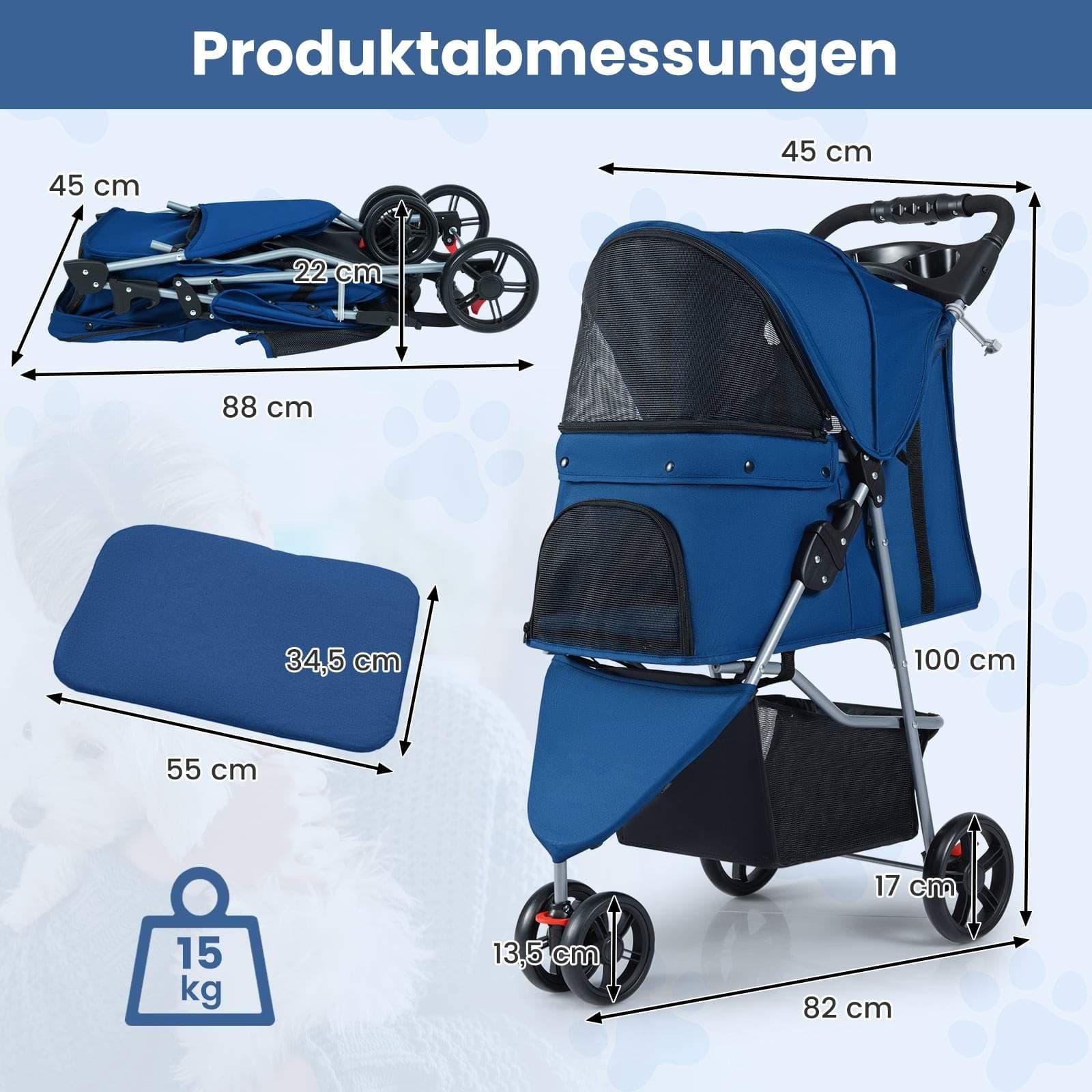 Sammenklappelig kæledyrsklapvogn – Letvægts, justerbar kaleche, Blå view 2