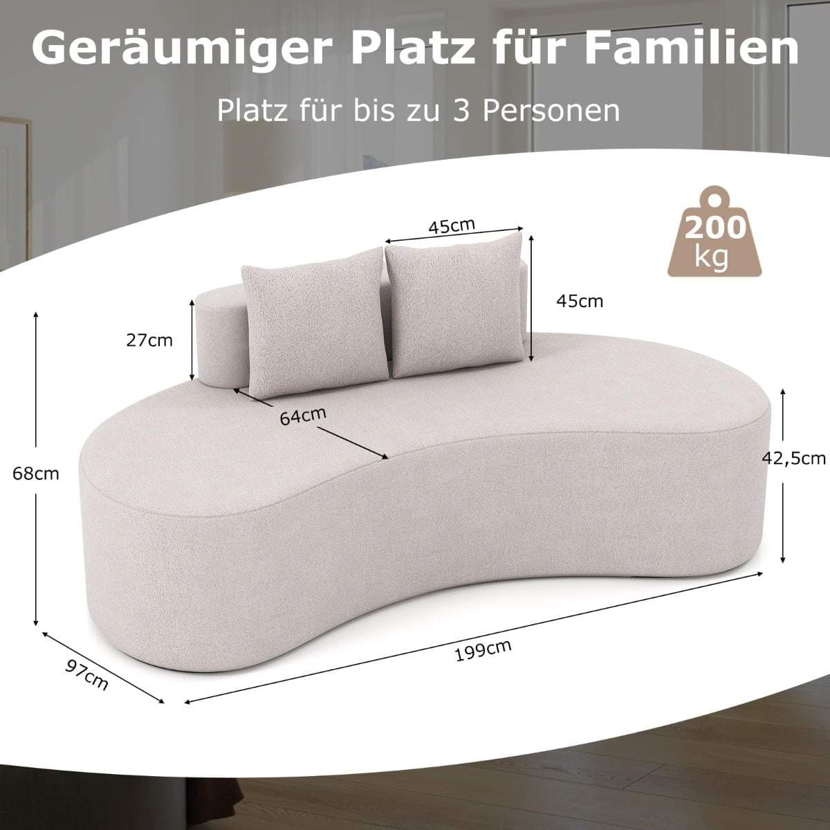 Buet grå sovesofa – 199 cm, 2 hynder, ingen samling nødvendig view 2