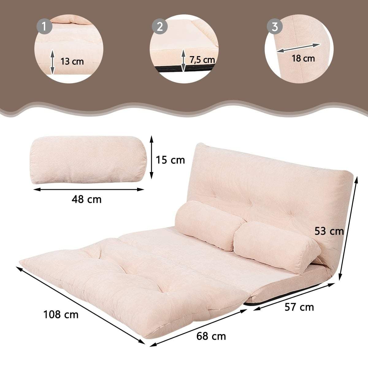 Justerbar gulvsovesofa med hynder – Beige, foldbart design view 2