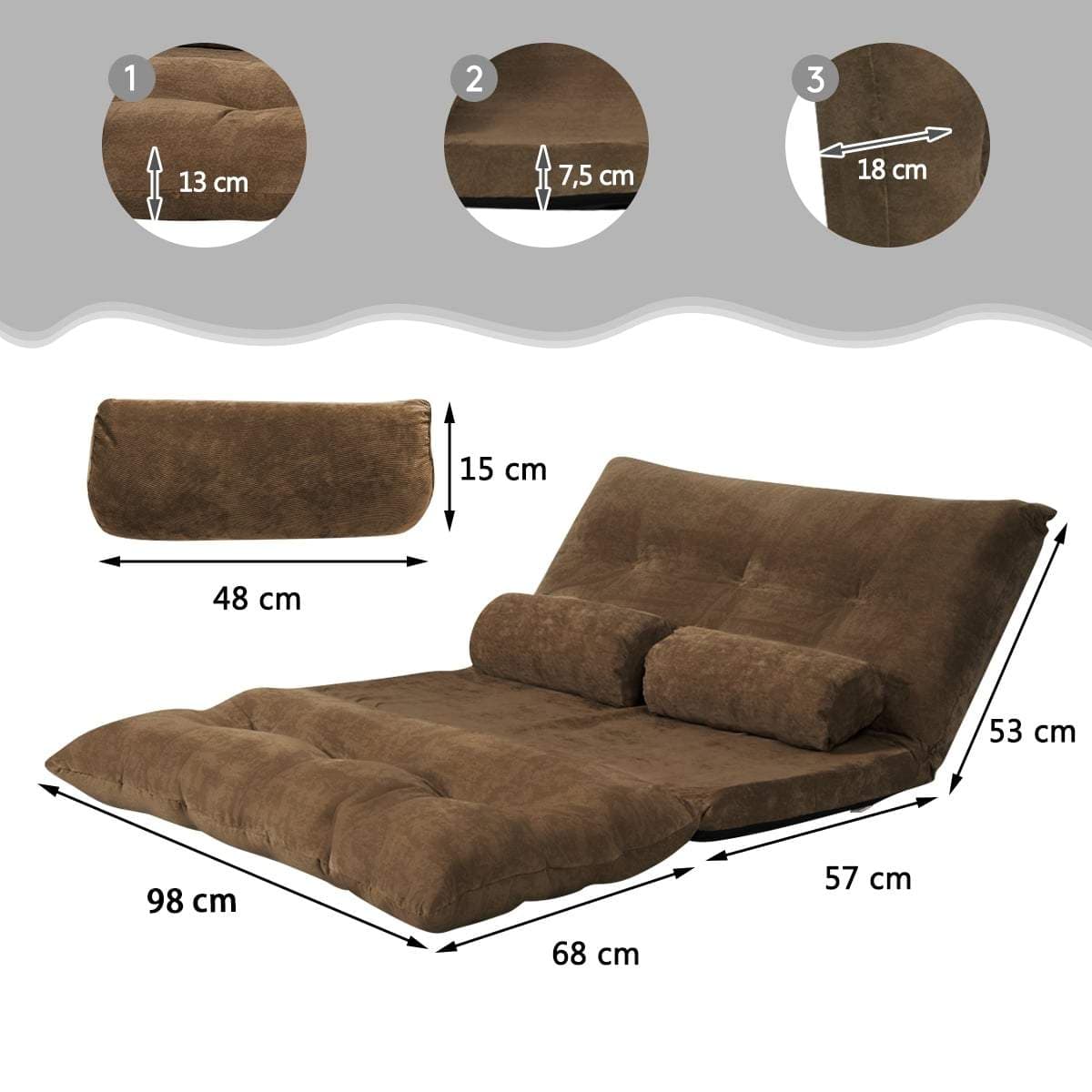Justerbar gulvsovesofa med hynder – brun, foldbart design view 2