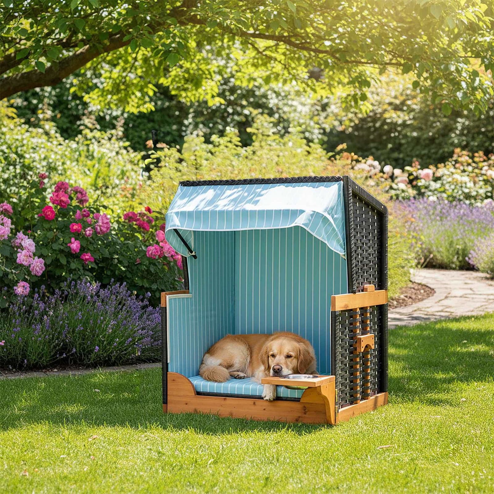 Hundestrandstol – Træ & Ratting med Skål view 2