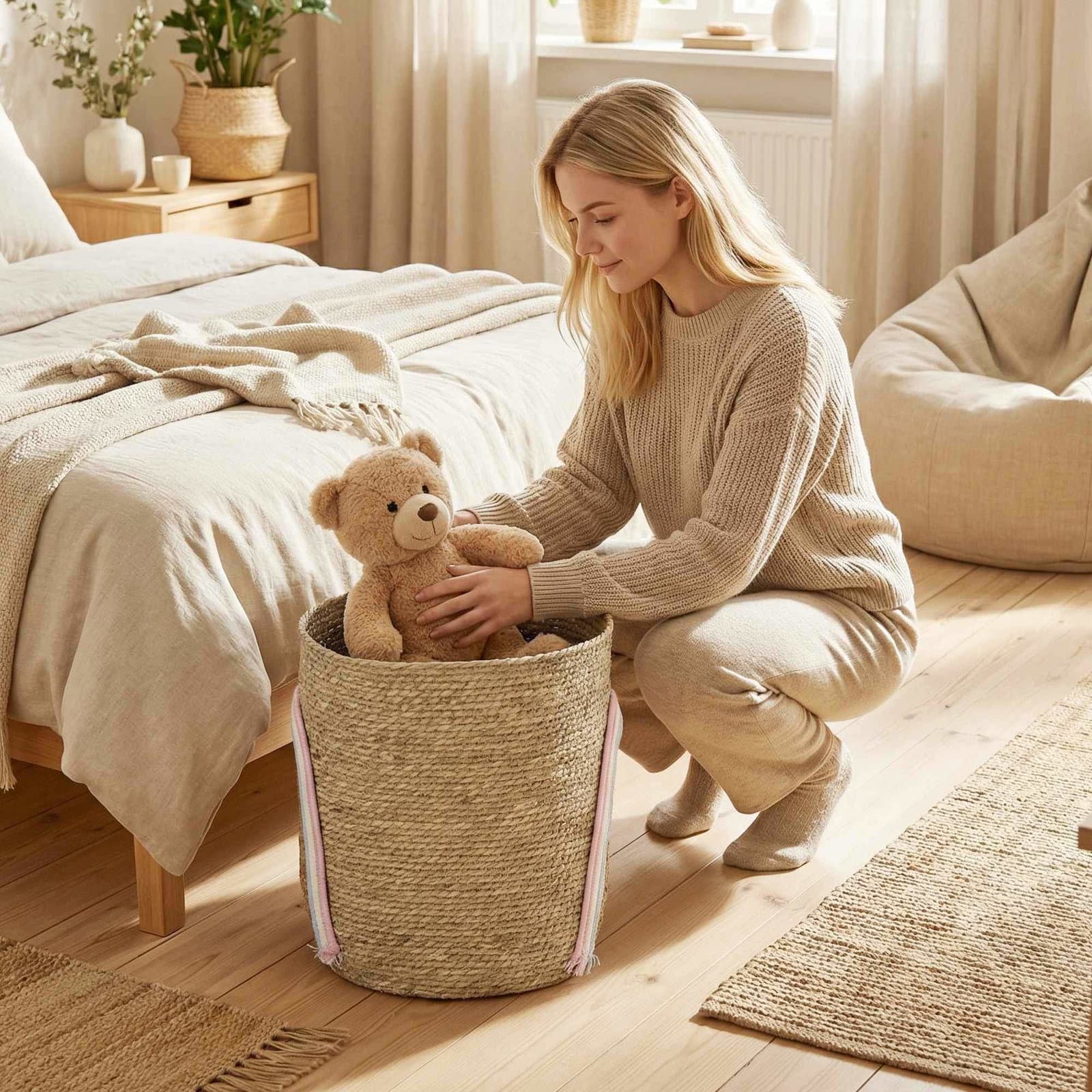 Stor flettet opbevaringskurv, regnbuedekor, 24,7L view 2