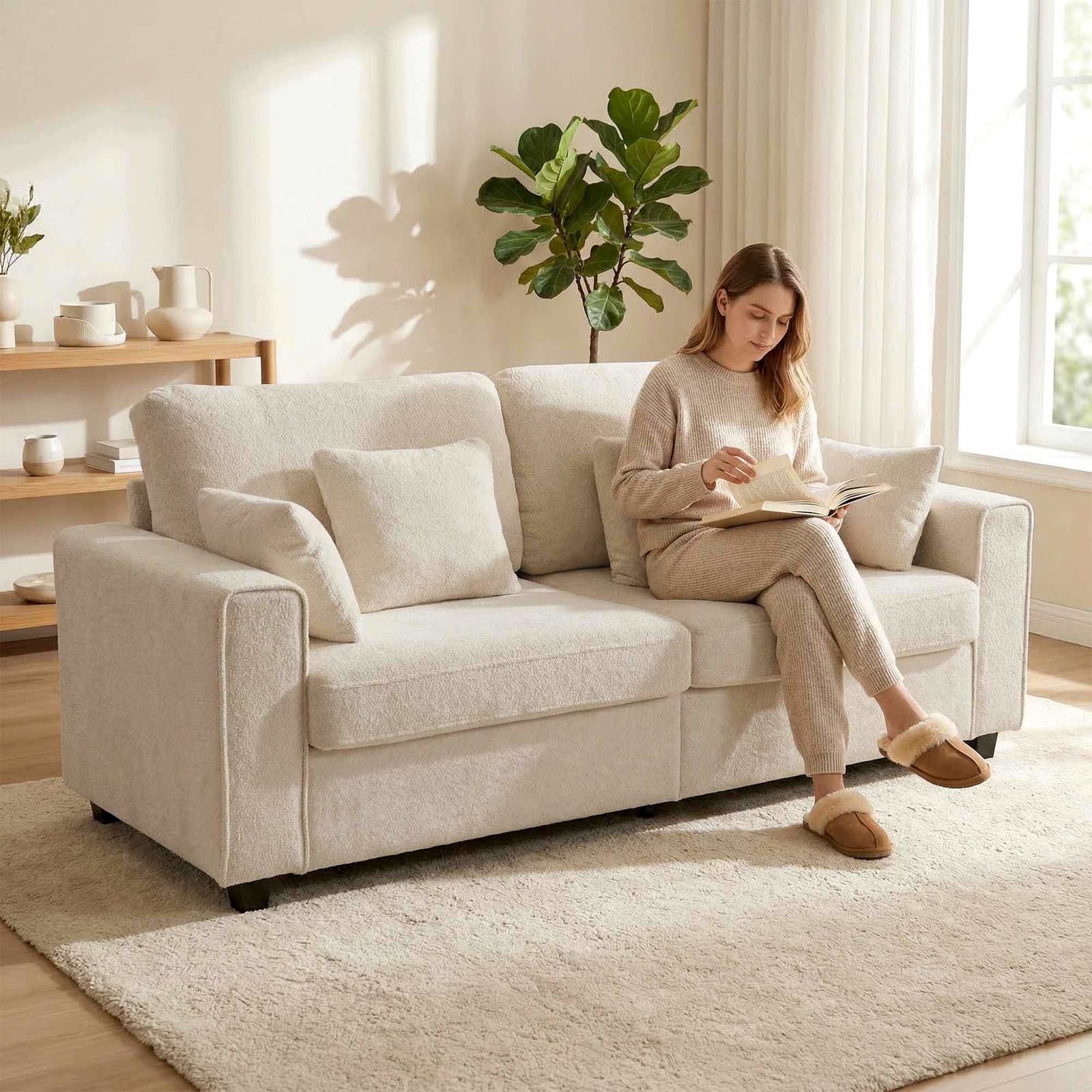 Beige 3-personers sofa – dyb sæde, fløjlsfinish view 2