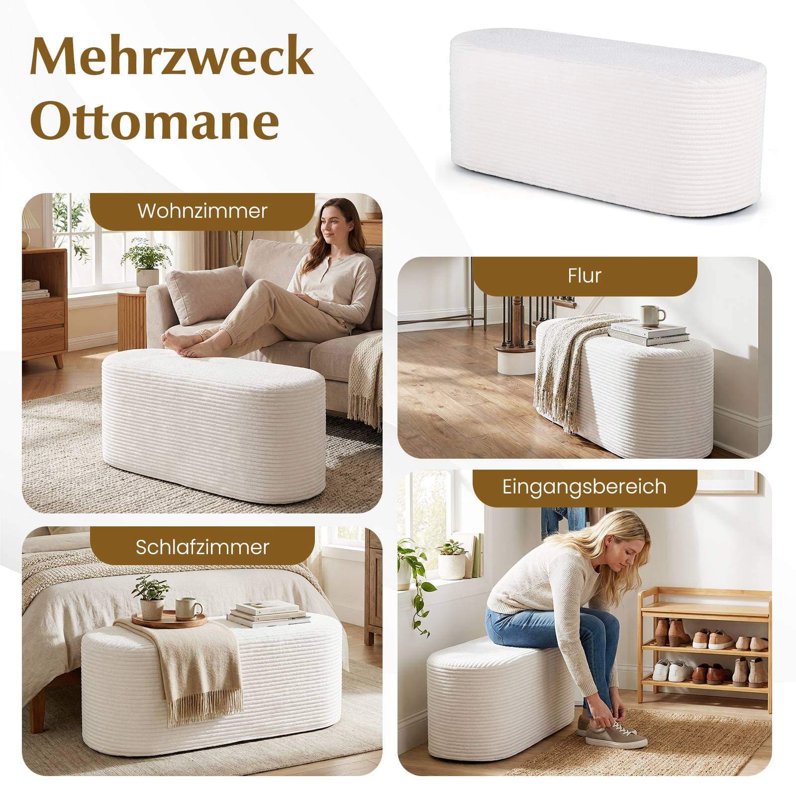 Beige fløjlsbænk i ottomansk materiale – 120 cm, højdensitetsskum view 2