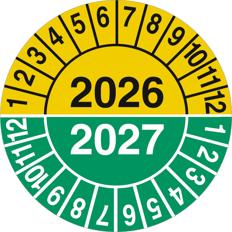 Ark á 10 stk. 2026 & 2027 Kalibreringsmærker i Ø 42mm, Selvklæbende vinyl