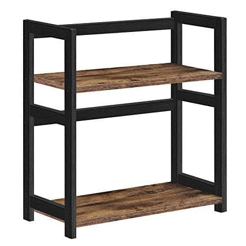 Songmics Spice Rack, 2-lags bordplade opbevaringshylde, desktop-arrangør, bambusramme, til køkken, spisestue, kontor, rustik brun og sort afs046b01